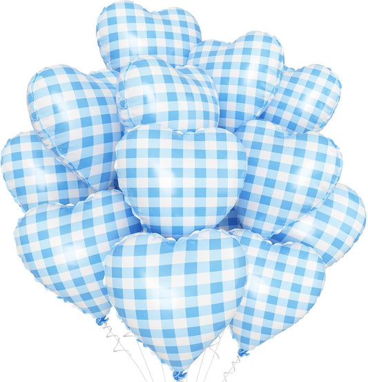 Blue White Checkered Heart Balloons,12Pcs 18Inch Light Blue Grid Heart Shaped Foil Helium Polyester Film Balloons for One Silly Goose Birthday Baby Shower Party Decorations