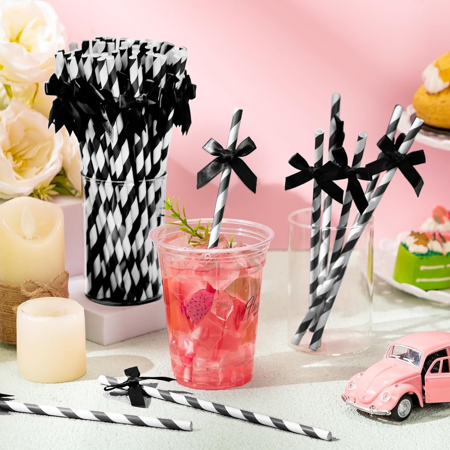 100 Pcs Black Bow Paper Straws for Drinking, Black and White Disposable Striped Paper Straw Bulk Birthday Party Supplies for Wedding Bachelorette Halloween Bridal Shower Party Decorations