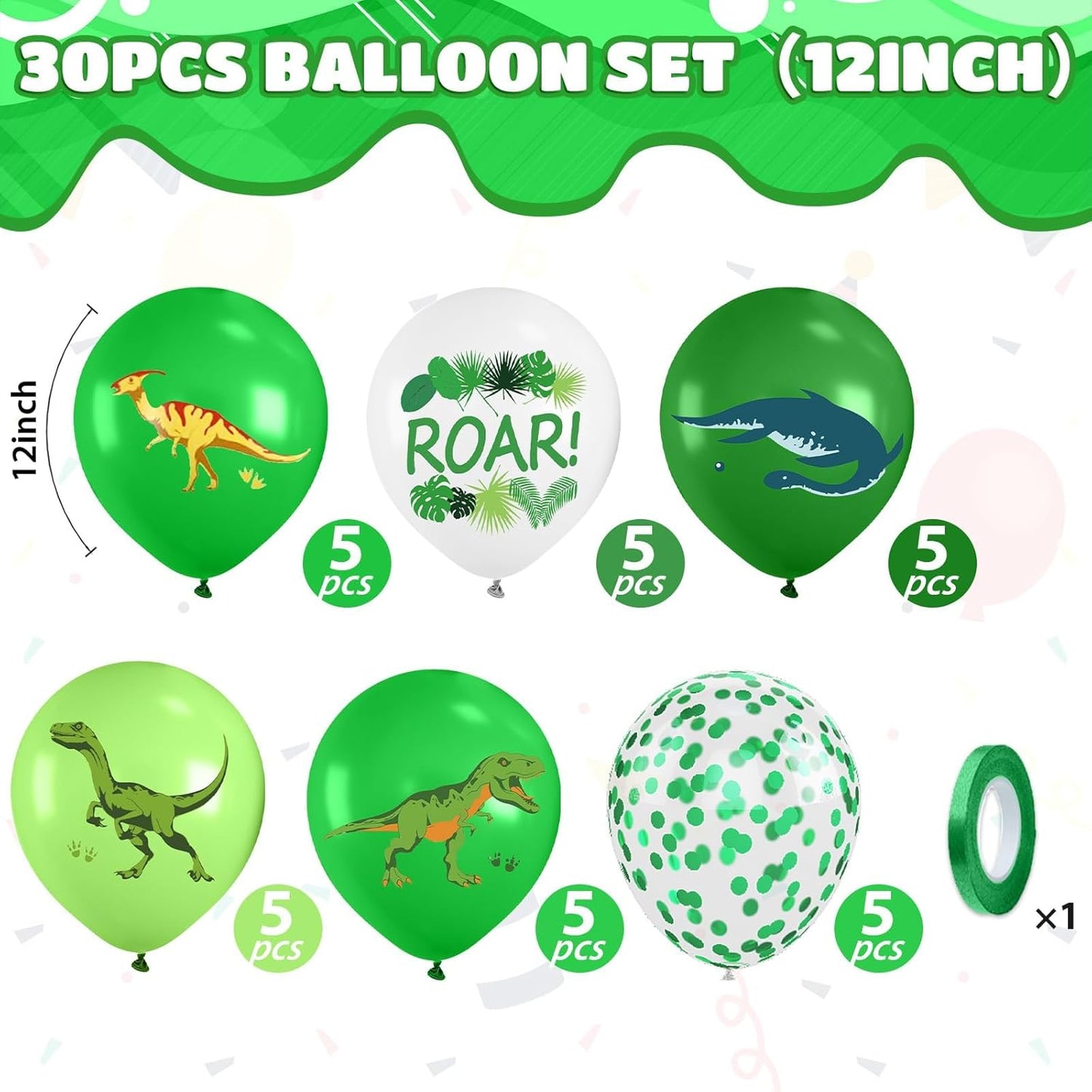 Dinosaur Balloons, 12 Inch Dark Fruit Light Green White Dinosaur Printed Latex Balloons for Boy Dino Birthday Party Decorations Jungle Baby Shower Safari Backdrop