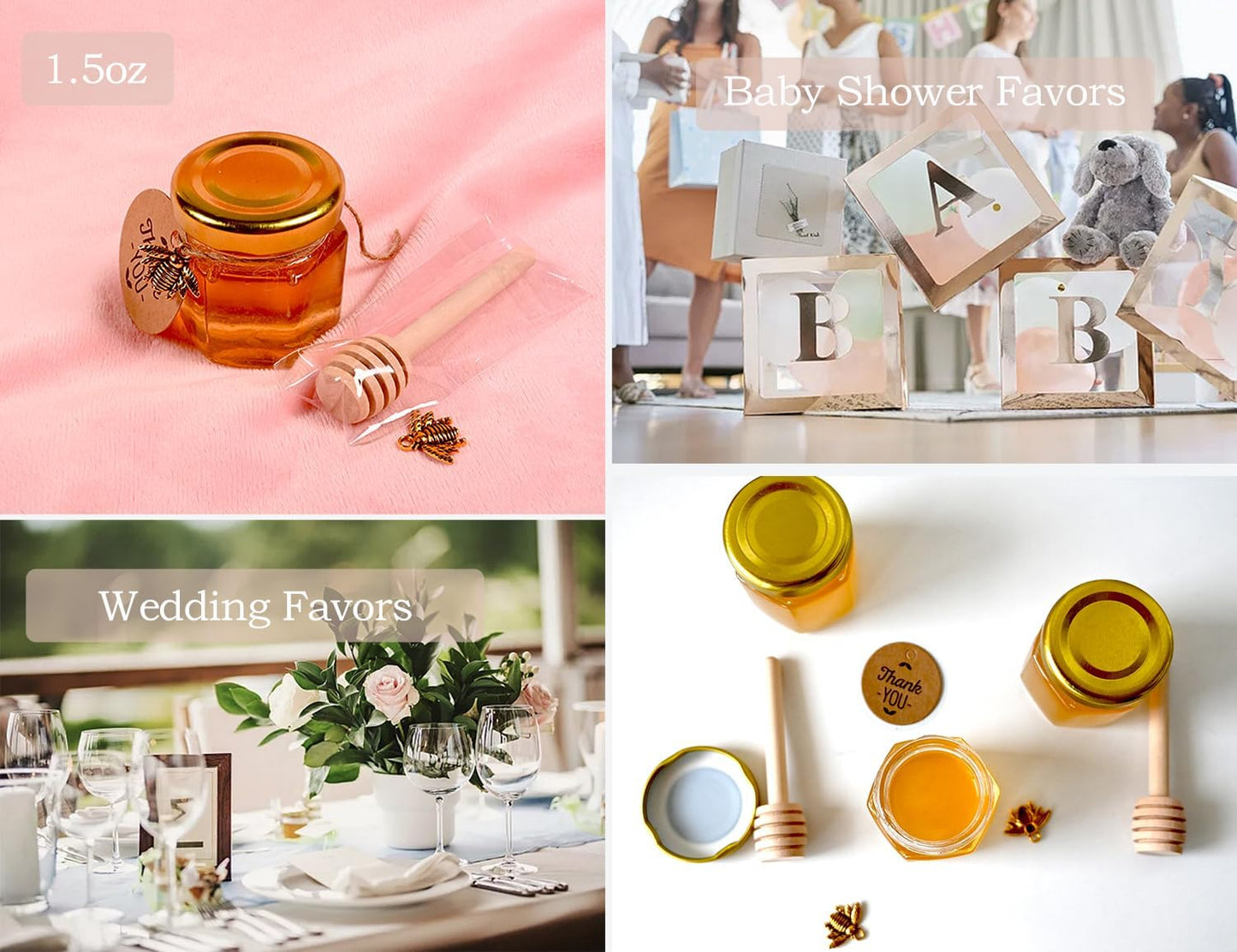 Adabocute Honey Pot, Mini Honey Jars with Dipper, Glass Honey Jars Baby Shower Favors, Party Favors & Wedding Favors, Gold Lid, Bee Pendants, Gold Organza Bags, 20 Pack 1.5oz