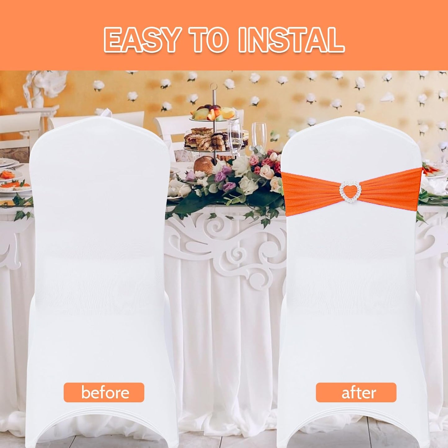 Howhic Pack of 30 Spandex Chair Sashes Bows Stretch Chair Cover Band with Buckle Slider Universal Elastic Chair Ties for Wedding Banquet Party Event Decoration (Orange)