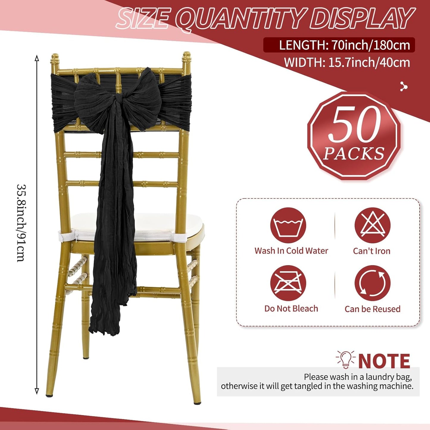 50 PCS Cheesecloth Chair Sashes Bows Wedding Aisle Decorations Chair Ribbon Ties Back Sash for Wedding Party Events Banquet Chair Cover Decoration (Black)