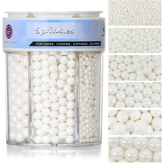 Sprinkles for Cake Decorating, 11Oz White Pearl Sprinkles 6 Sizes Mix for Cake Cupcake Ice Cream Donuts Cookie Baking Toppings