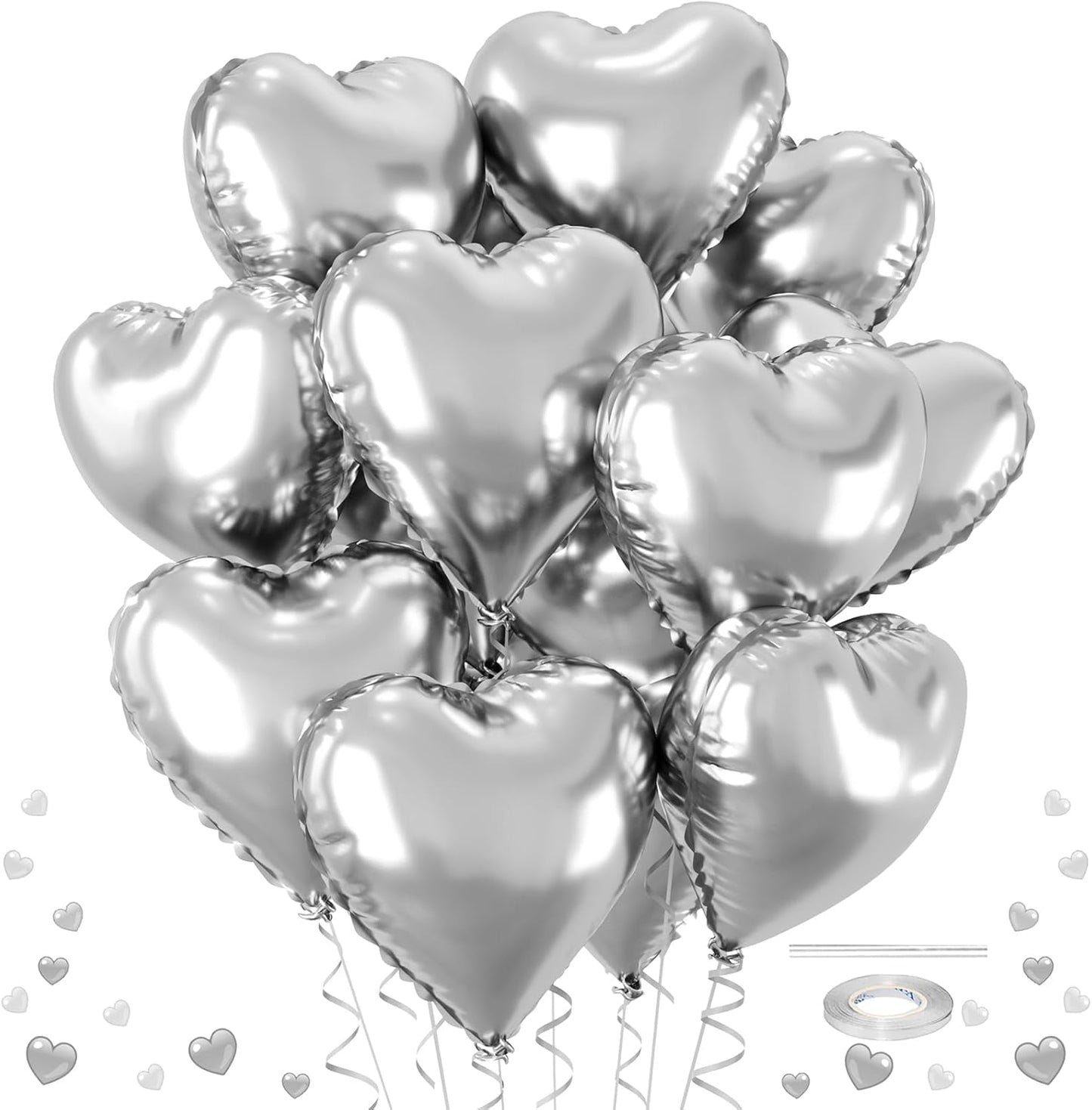12 Pcs Heart Balloons, 18 inch Silver Heart Shaped Balloons, Big Foil Helium Balloon, Love Foil Balloon for Wedding Baby Shower Anniversary Backdrop Valentine Party Decorations
