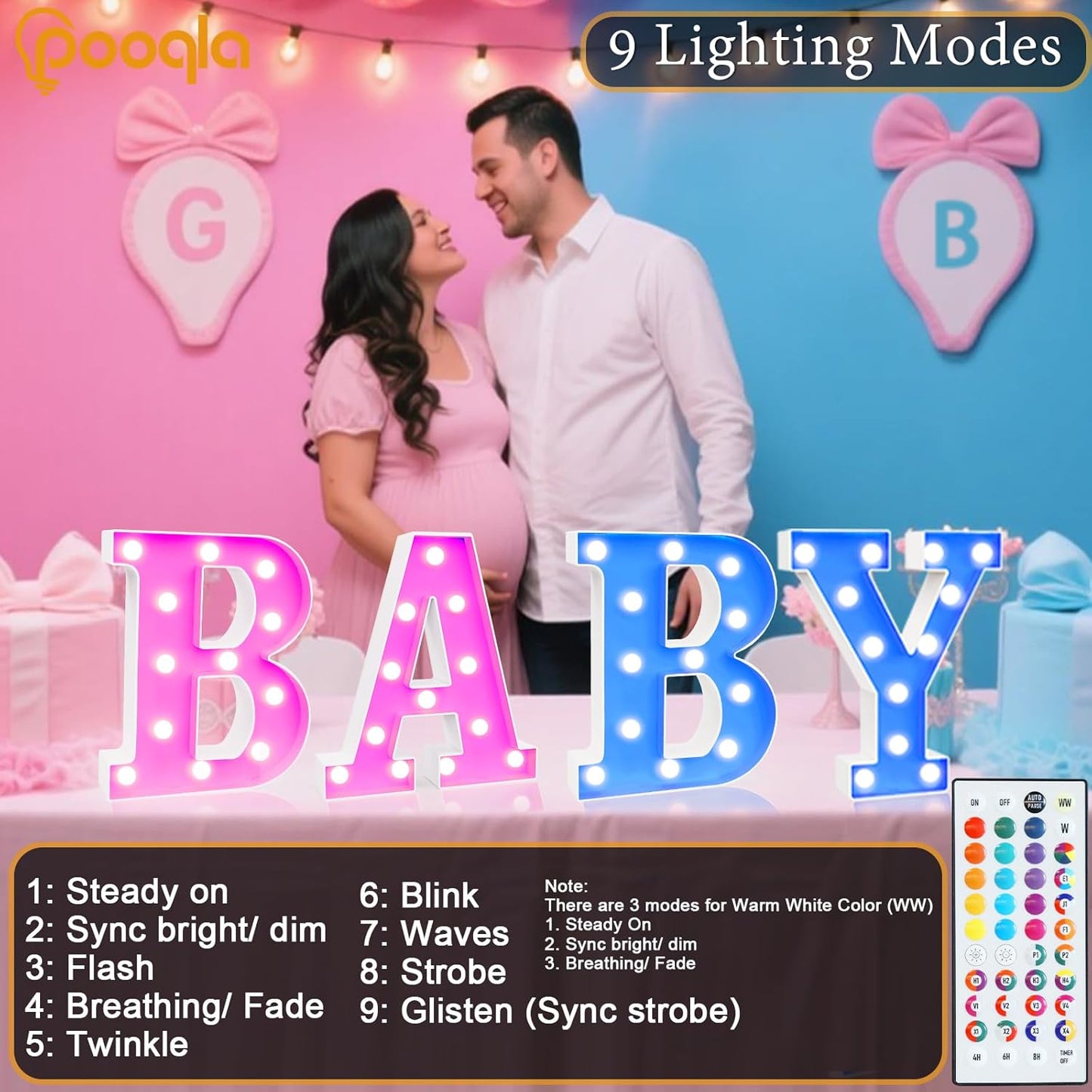 Pooqla Colorful Light Up Letters with Remote, Upgraded 35 Colors LED Marquee Letters, RGB Lighted Letter for Girls Teenager Gift, Birthday, Party, Wedding, Night Light, Room, Bedroom Decor, Letter U