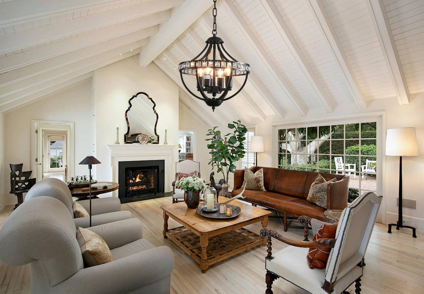 Farmhouse Crystal Ceiling Hanging Chandelier,16inch Black Rustic Vintage Pendant Light Fixture for Living Room Bedroom Dining Room Dining Foyer Kitchen Entry （5-Light）