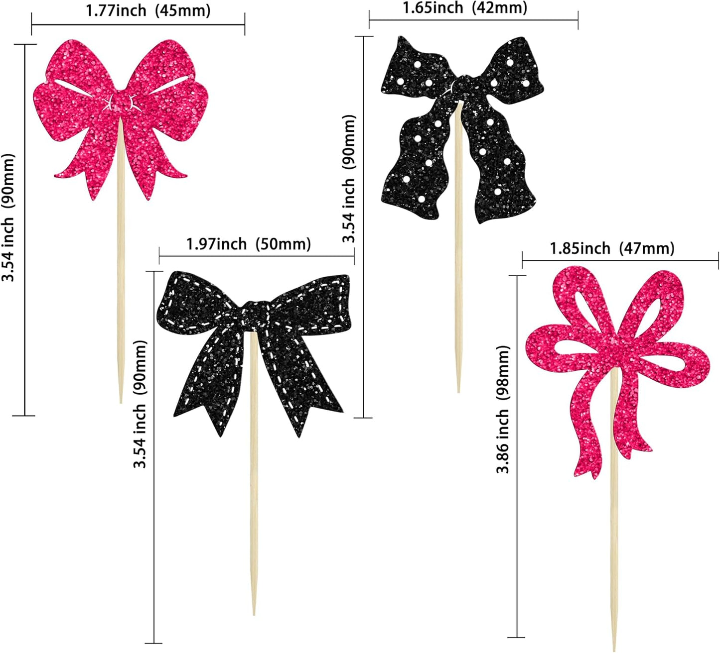 Ephlyn 24Pcs Pink Bow Cupcake Toppers Bow Birthday Cake Topper Girls Birthday Party Decorations Bowknot Cupcake Decorations for Bridal Baby Shower Birthday Wedding Themed Party Black Rose Red