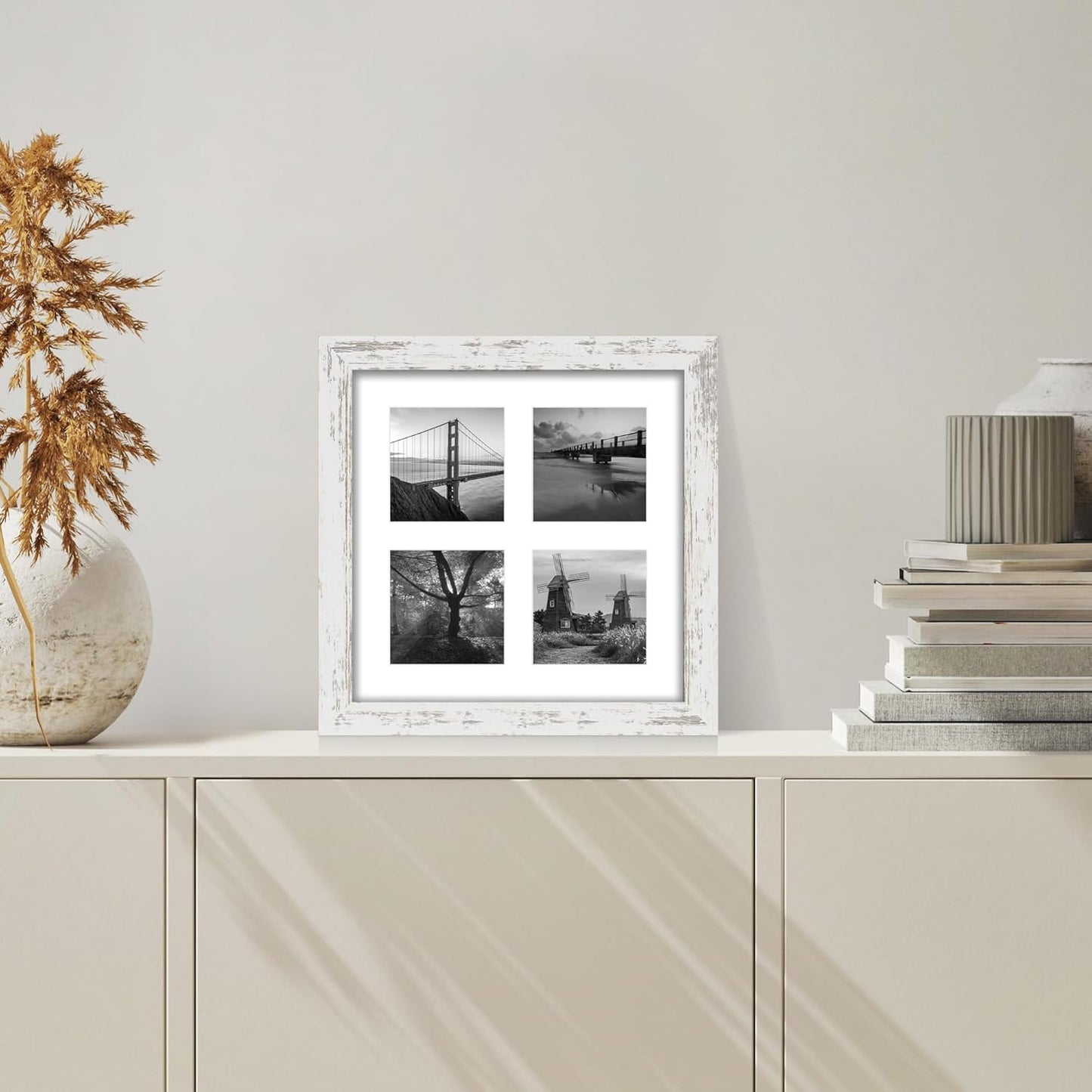 10x10 Picture Frame Set of 2, Real Glass and Distressed White Collage Frame, Display Pictures Four Opening 4x4 With Mat or 10 x 10 Without Mat for Wall Hanging or Tabletop