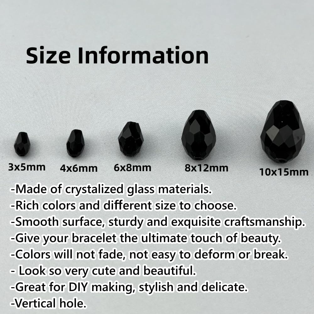 200pcs 3x5mm Teardrop Crystal Glass Beads for Jewelry Making, Faceted Vertical Hole Teardrop Glass Spacer Beads for Wind Chimes Bracelet Earring Necklace DIY Craft(Black)