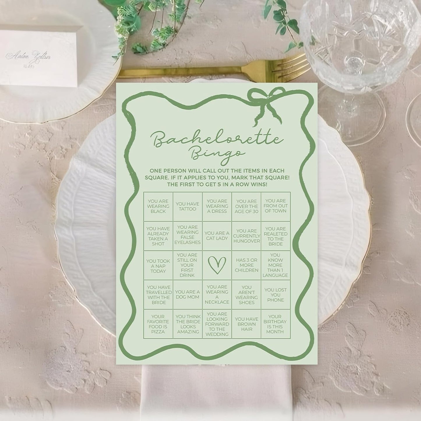 DEEKA 30 PCS Bridal Shower Games Card for 30 Guests Sage Green Wavy Border Ribbon Bow Funny Wedding Bachelorette Party Games for Reception (Bachelorette Bingo)