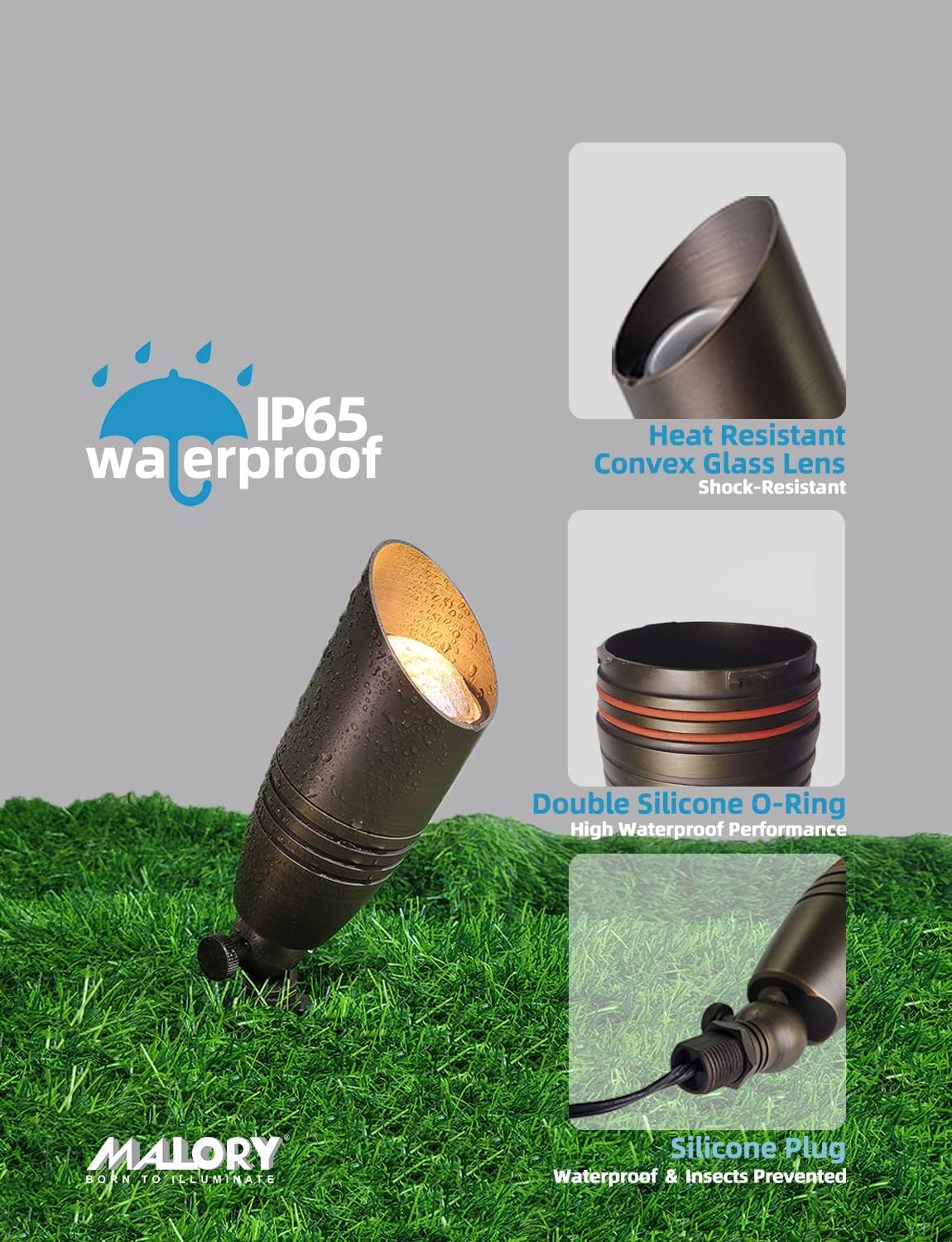 MALORY Brass Landscape Spotlights 10-Pack with Bulb Kit(S02), Low Voltage 12V AC/DC LED Outdoor Spot Uplights for House and Tree,PVC Ground Stake and Wire Connector Included, 5W 2700K Warm White