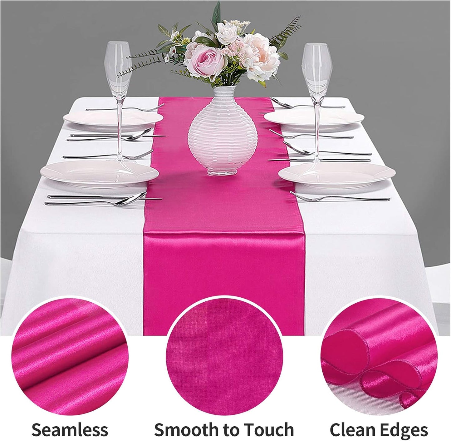 10-Pack Satin Table Runner Fuchsia 12 x 108 inches Long, Table Runners for Wedding, Birthday Parties, Banquets Decorations（10 Pack, 12x108 Inch, Fuchsia）