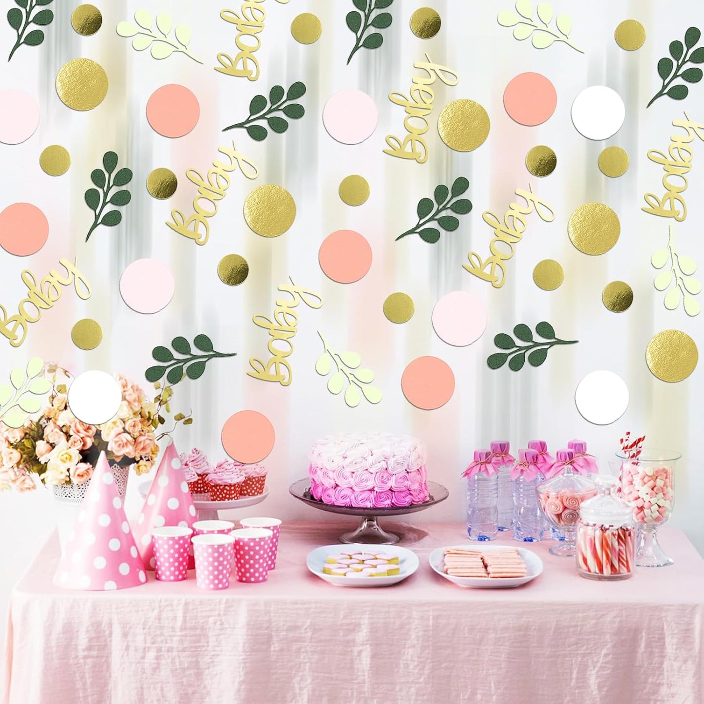 300PC Pink and Sage Green Girl Baby Shower Decorations Greenery Baby Shower Confetti Eucalyptus Dots Table Scatters for Girls Gender Reveal Birthday Decor