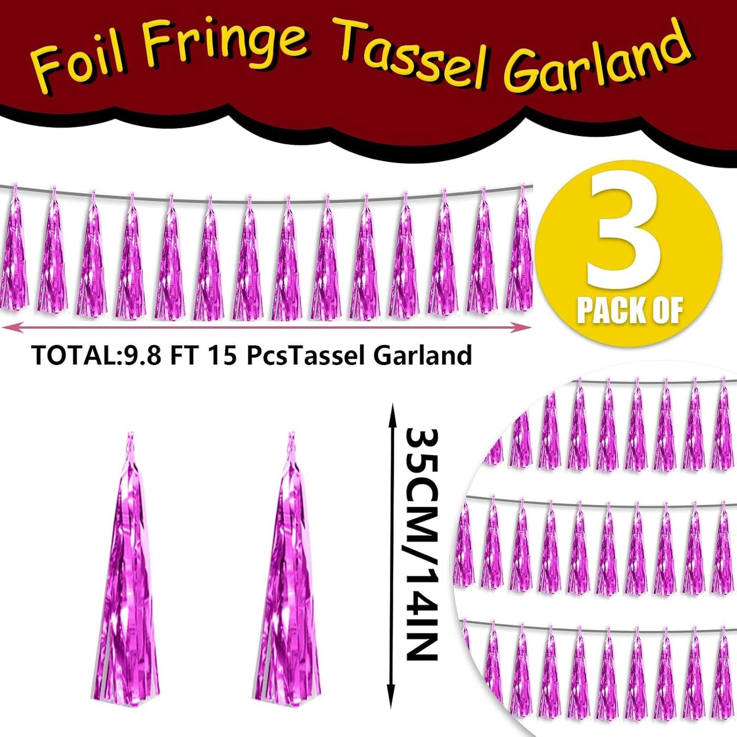 3P Metallic Fringe Banner Garland Foil Tinsel Streamer Backdrop Banners for Parties, Wall Hanging Curtain Parade Floats,Graduation Decorations, Wedding Party Decoration(Hot Pink)