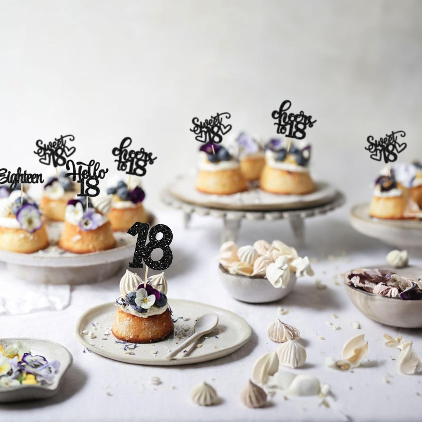 30Pcs18th Birthday Cupcake Toppers Eighteen Happy 18th Cupcake Picks Sweet 18 Cheers to 18 Cake Decorations for 18th Birthday Anniversary Party Supplies Black Glitter