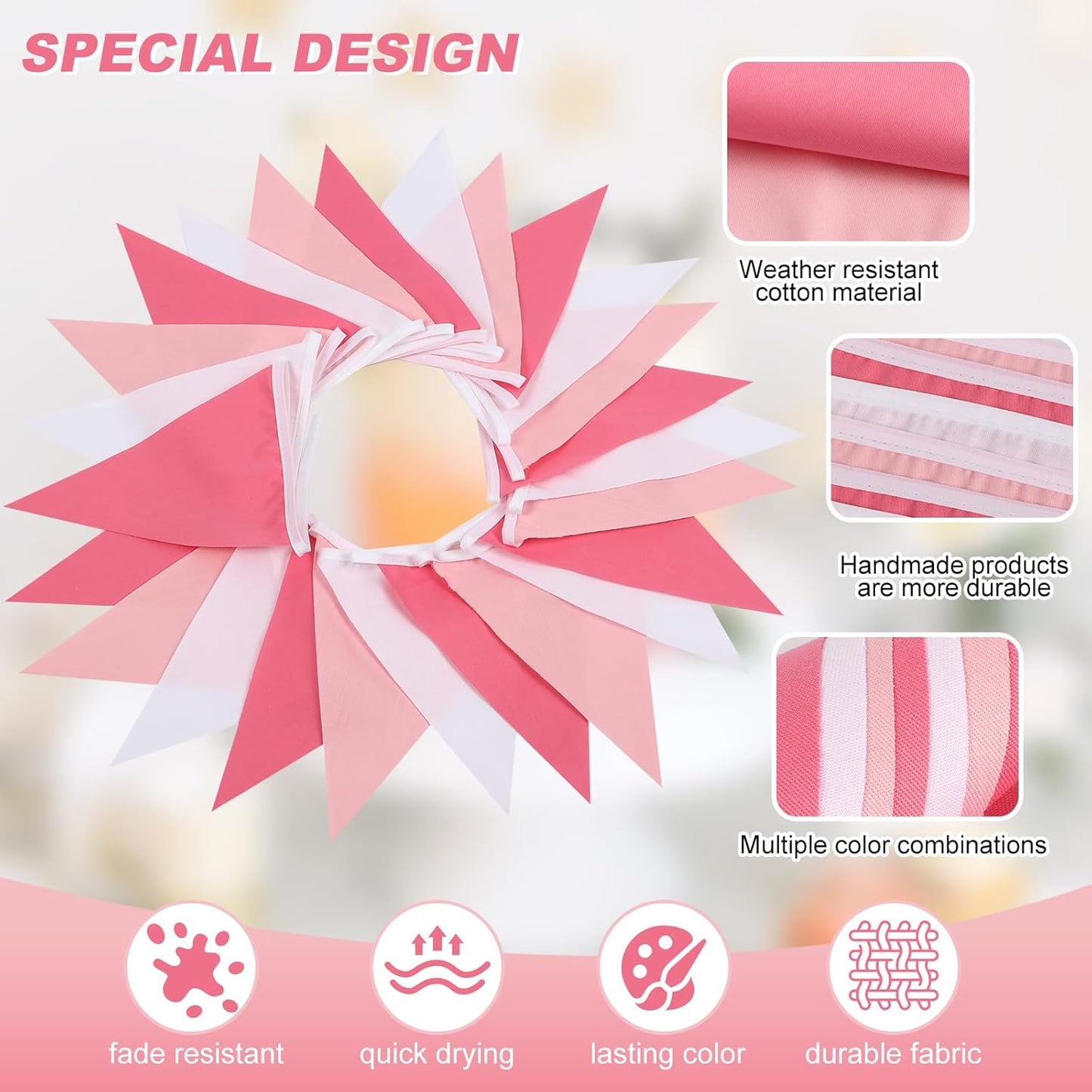 Pink Pennant Banner Triangle Flag Bunting Garland for Wedding Birthday Baby Shower Graduation Decoration 33 Feet 30 Pieces