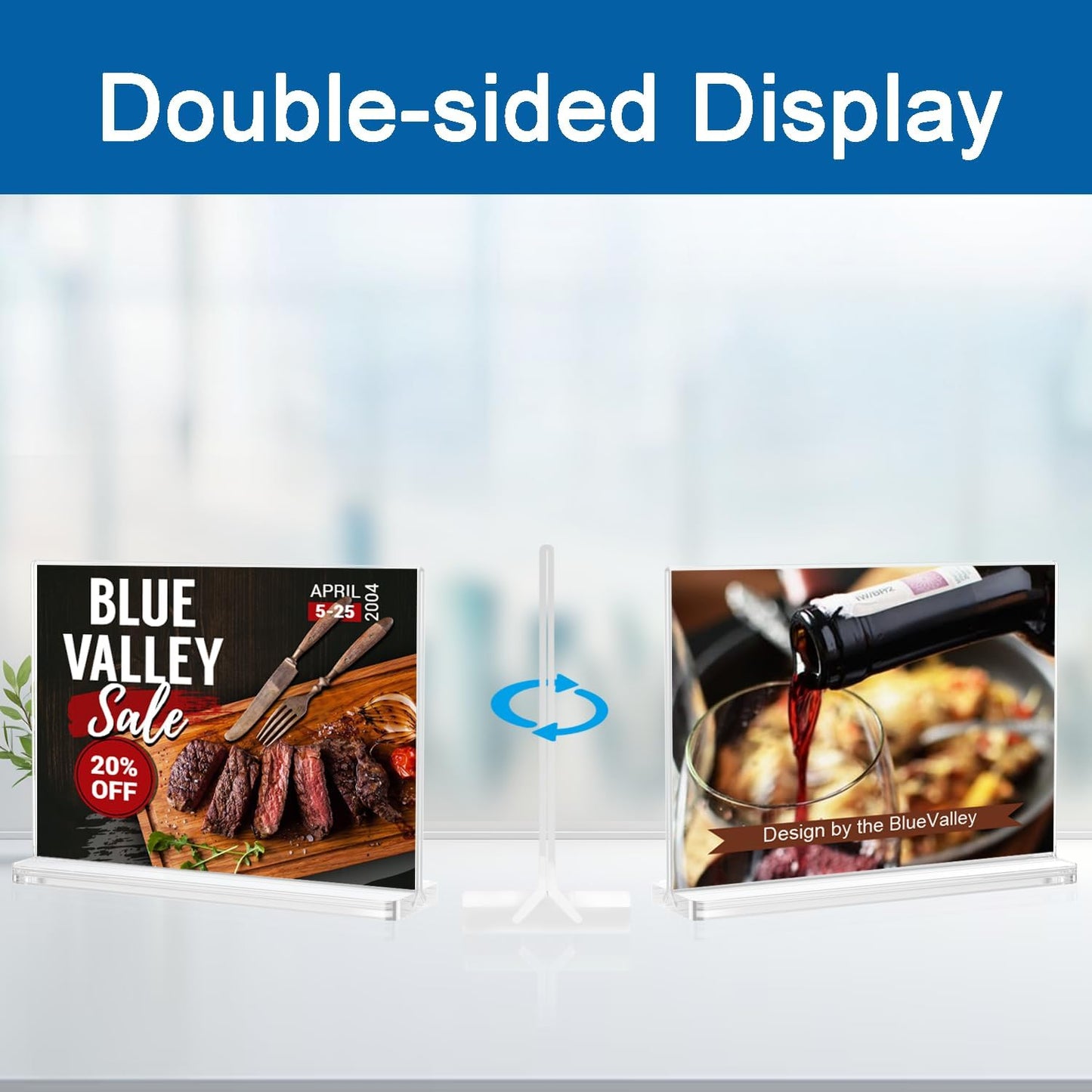 BlueValley Acrylic Sign Holder 7x5 - Double Sided Sign Stand Clear Paper Display Holder for Menu, Flyer, Document or Picture | Desktop Plastic Frame for Office, Store, Restaurant, Show Fair - 6 Pack