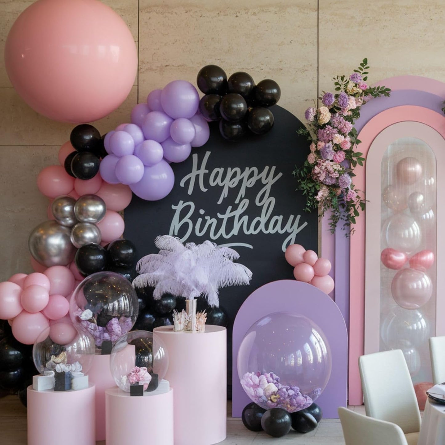 Purple Pink Balloons, 12 Inch Metallic Silver Purple Pink Black Balloons, Pastel Pink Purple Latex Helium Balloon for Girls Women Wedding Bride Shower Baby Shower Birthday Party Decorations