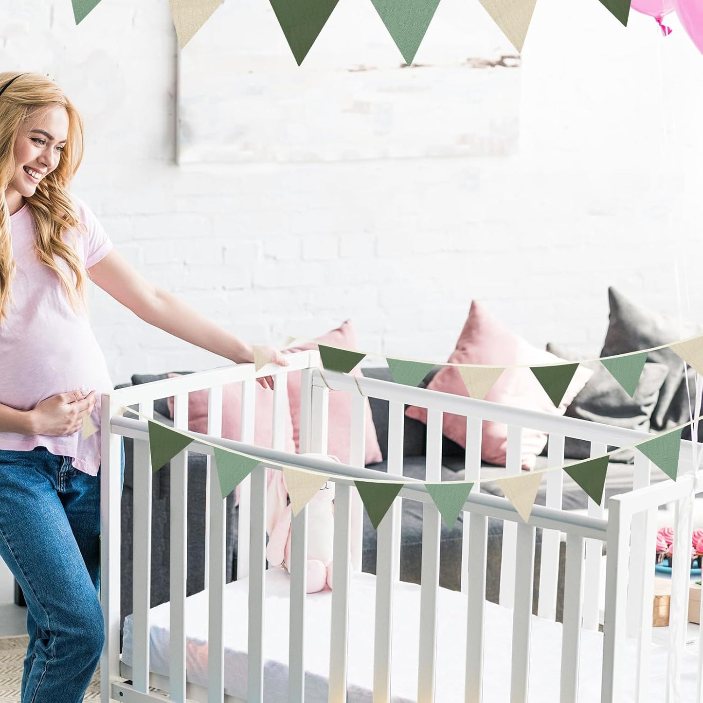 Oudain 15.5 ft Pennant Banner Flags, 2 Pcs Nursery Garland Triangle Bunting Flag Baby Banner for Nursery Decor Baby Birthday Boho Wedding Shower Party Event, Each 7.75 ft (Fresh Natural Color)