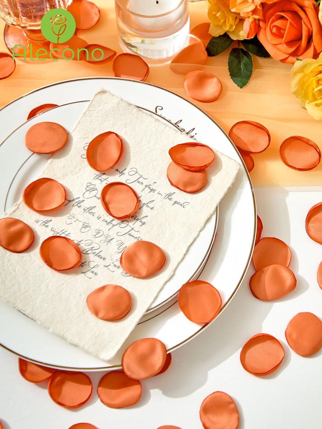 Alecono 600Pcs Silk Rose Petals, Faux Orange Flower Petals for Wedding Proposal Flower Girl Basket, Petals Bulk for Dinner Table Centerpieces Party Romantic Night Decoration