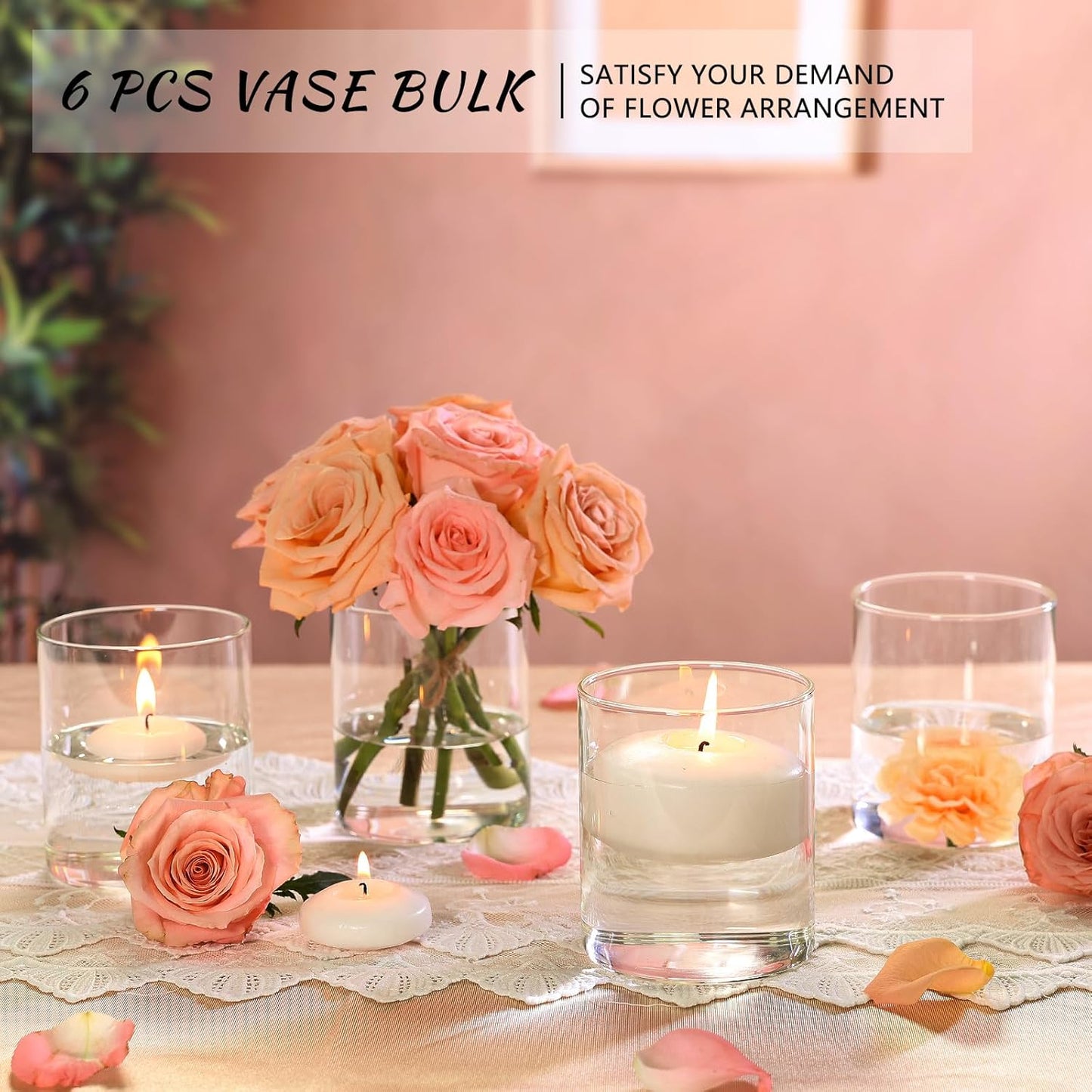 Glass Cylinder Vase Set of 6 for Centerpieces, 5 Inch Short Clear Flower Vases Bulk, Glass Hurricane Candle Holder for Table, Floating Candle Vases for Wedding Home Décor