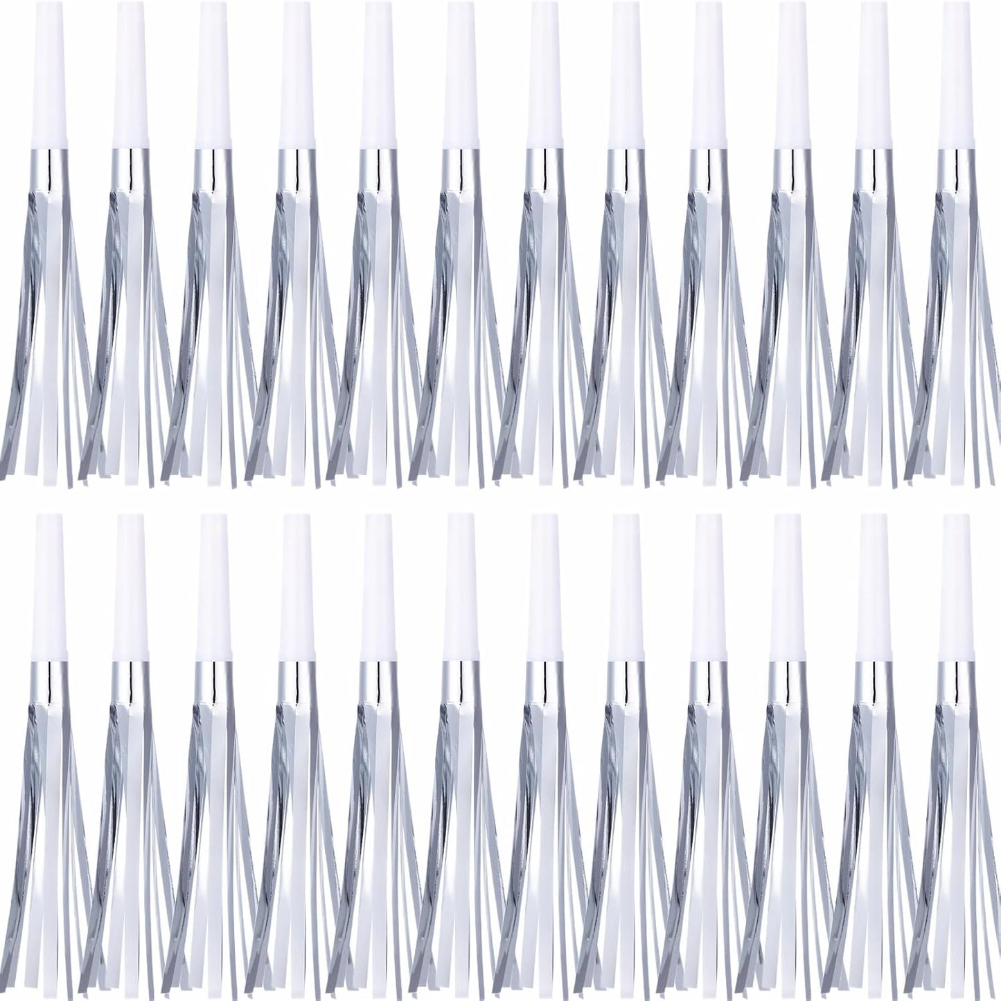 24 Pcs Silver Noise Makers Glitter Metallic Fringed Noise Makers Horns for Baby Shower, Kids Birthday, New Year Party Favor