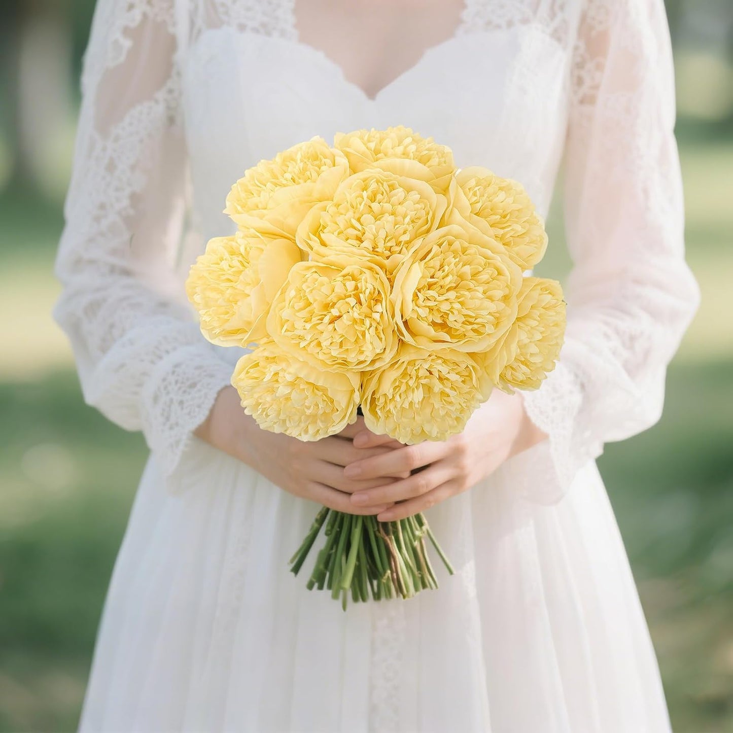 U'Artlines 10 Heads Artificial Peony Silk Flower Leaf Home Office Wedding Party Festival Bar Decor (Yellow)