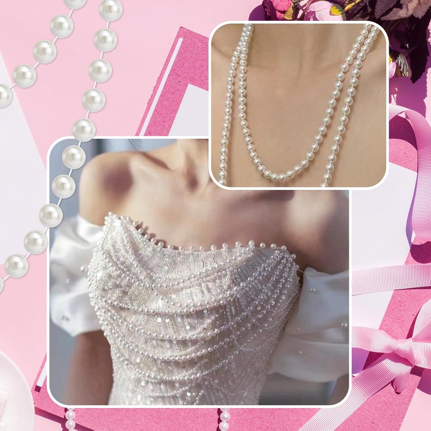 59 Feet 8mm Pearl Strings Garland for Crafts, Artificial Pearl Beaded Trim Chain Roll Strands for Wedding Centerpieces Bouquet Party Decoration Christmas Tree Garland, Ivory