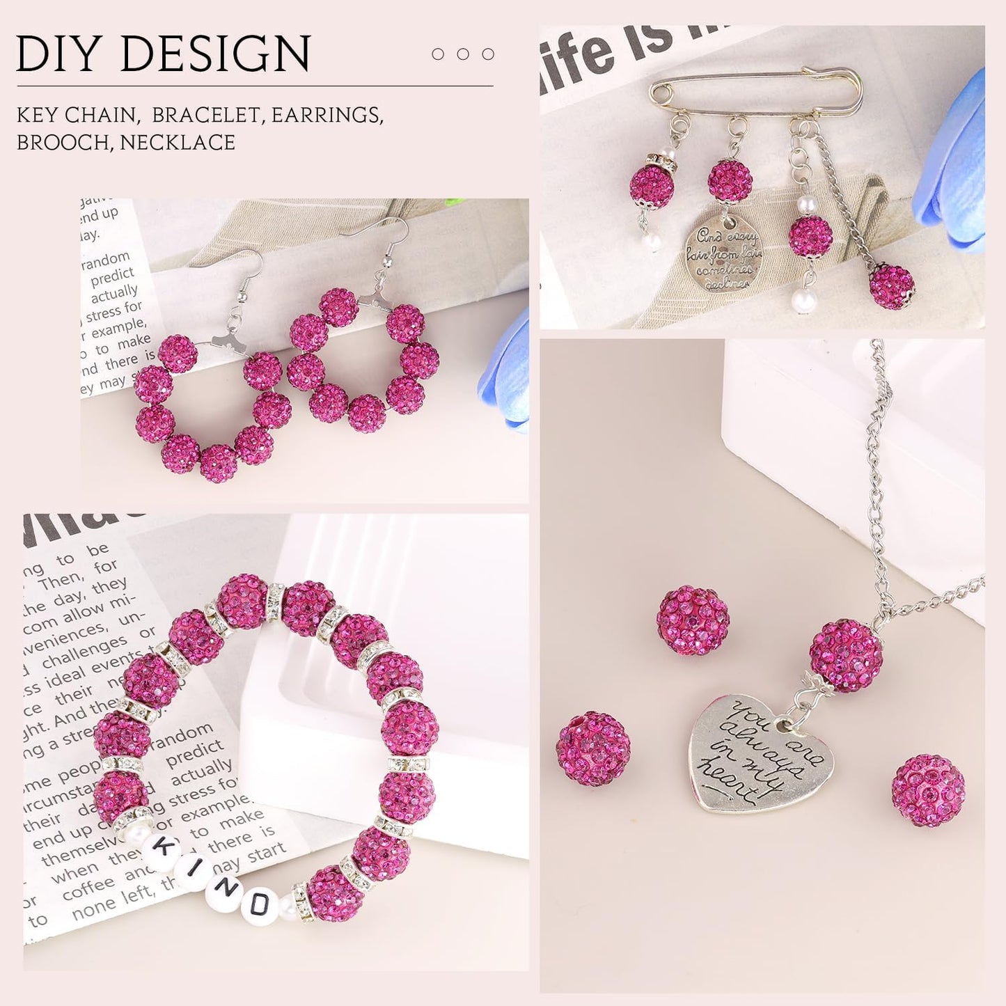 200pcs 10mm Fuchsia Rhinestone Beads for Jewelry Making, Shiny Round Shamballa Disco Ball Beads Bulk, Sparkle Crystal Clay Christmas for Bracelet Baseball Necklace Earring Crafting and DIY