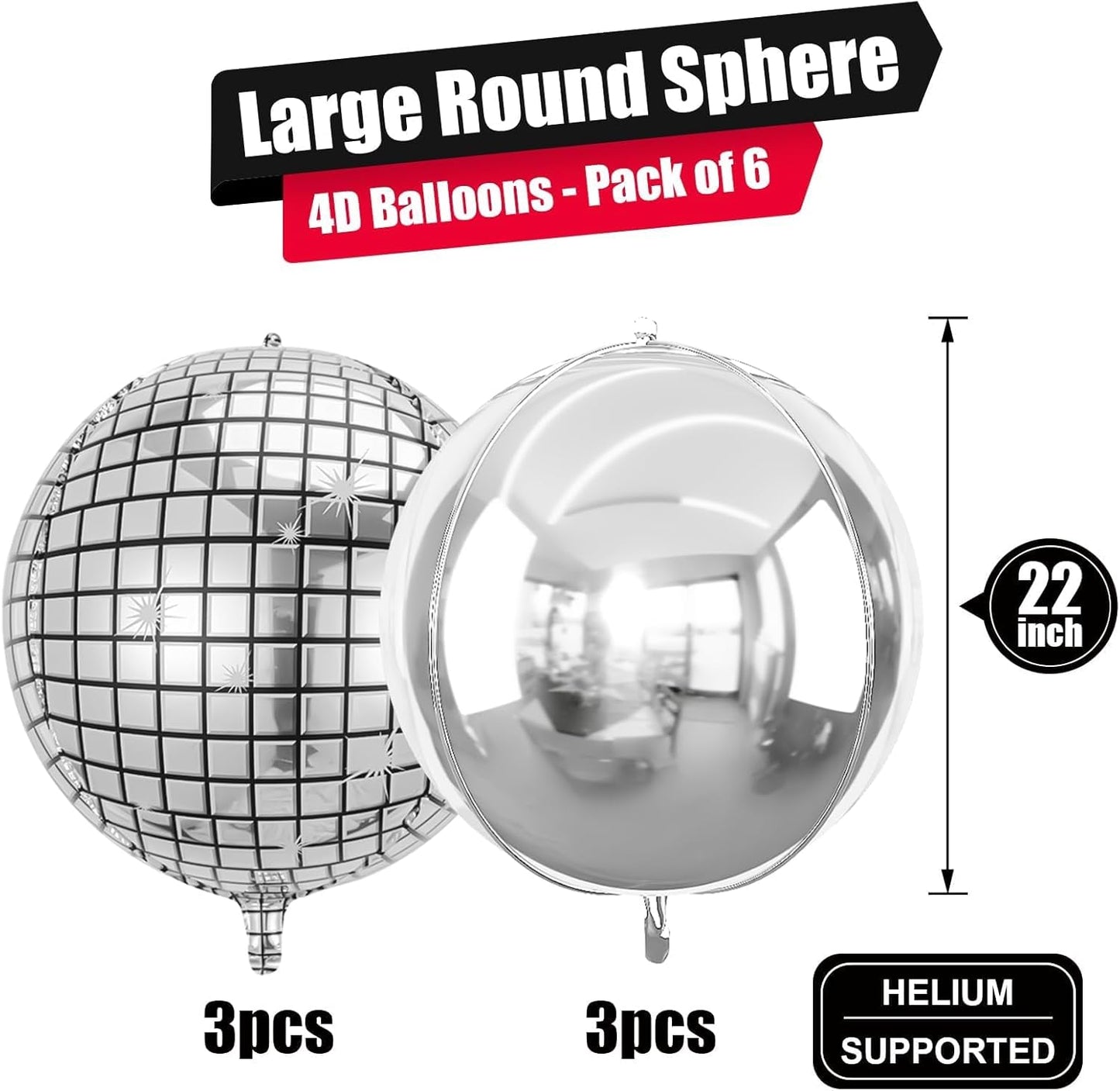 6Pcs 22 Inch Silver Balloons, Disco Ball Balloons with Silver Round Foil Balloon, 70s 80s 90s Theme Large Metallic Disco Balloon for Dance Bachelorette Graduation Birthday Party Supplies