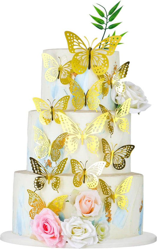 Gyufise 36 Pack Gold Glitter 3D Butterfly Cupcake Toppers Hollow Cake Decorations for Birthday Wedding Fairy Party Wall Sticker Decal