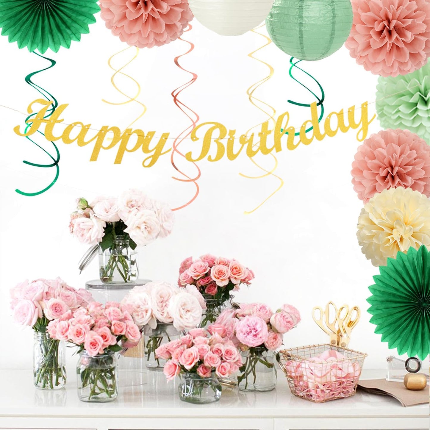Olive Sage-Green Beige Happy-Birthday Party-Decorations - 31pcs Women Girls Adults Paper Lanterns Streamers Banner,Tissue Pom Poms Decor,Flower Fans Tassels Graland Boho Neutral Supplies Hugmoon