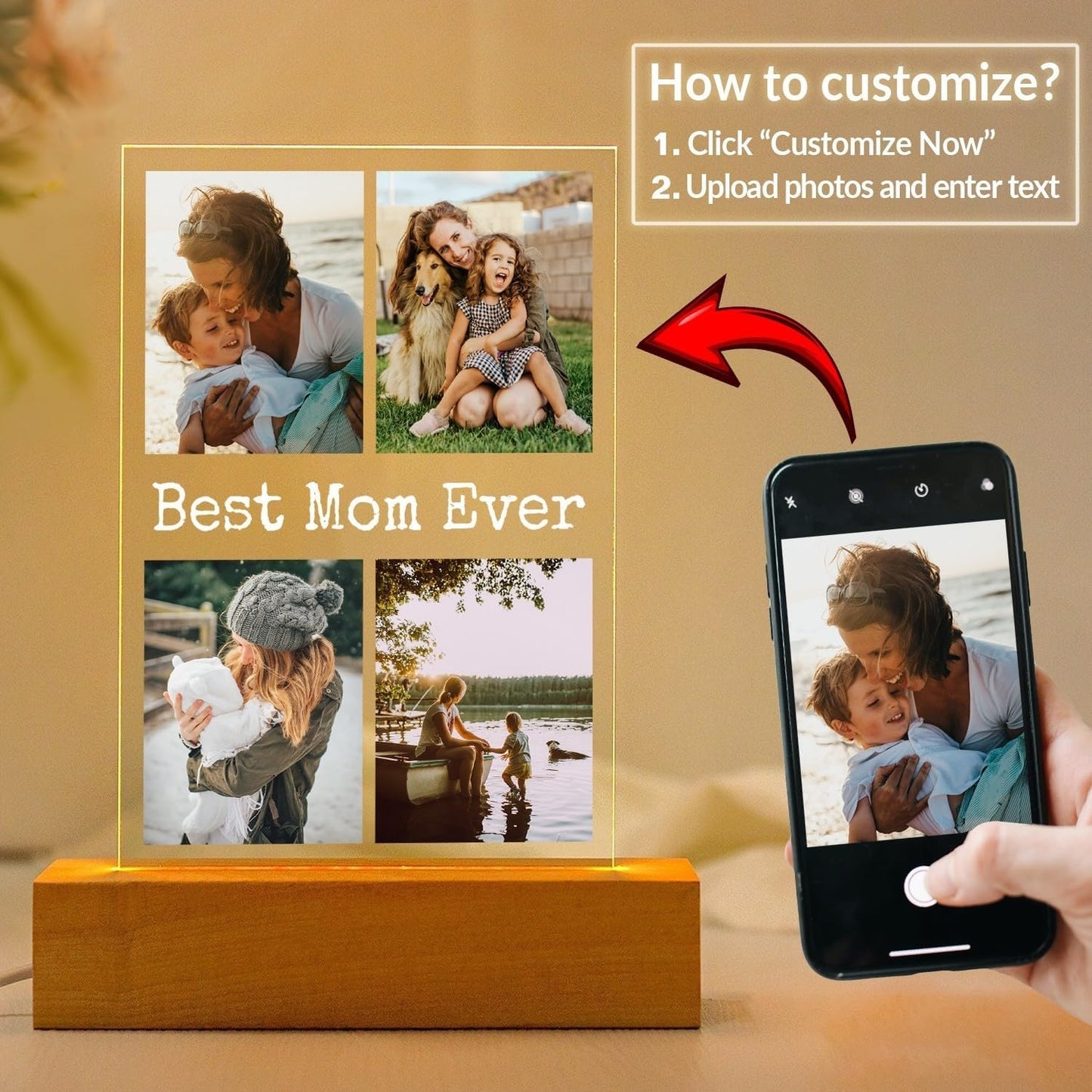 Custom Picture Frames with Photo, Personalized Photo Frame with Night Light, Customized Picture Frame, Personalized Mothers Day Christmas Birthday Gifts for Mom, Baby, Kid, Family