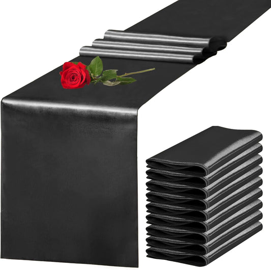 10 Pack Satin Table Runner 12 x 108 Inch Long Black Silk Table Runner for Wedding Party Banquet Birthday Decoration