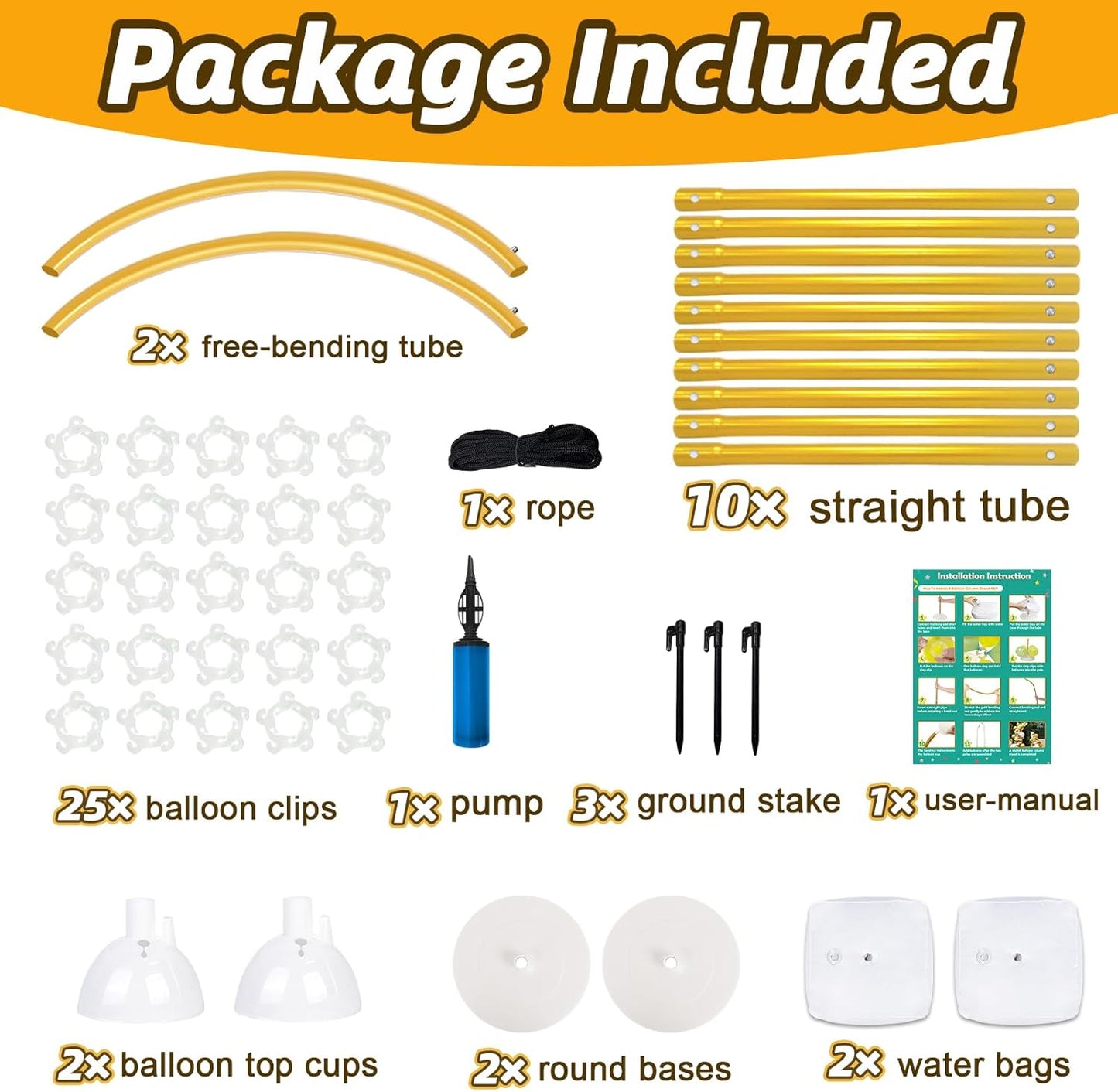 AerWo [Upgraded] Balloon Arch Kit 8.2ft+6ft, Gold Half Balloon Arch Stand with Base, Free Bending Top Curve Balloon Arch Frame Stand for Floor Birthday Wedding Halloween Decorations