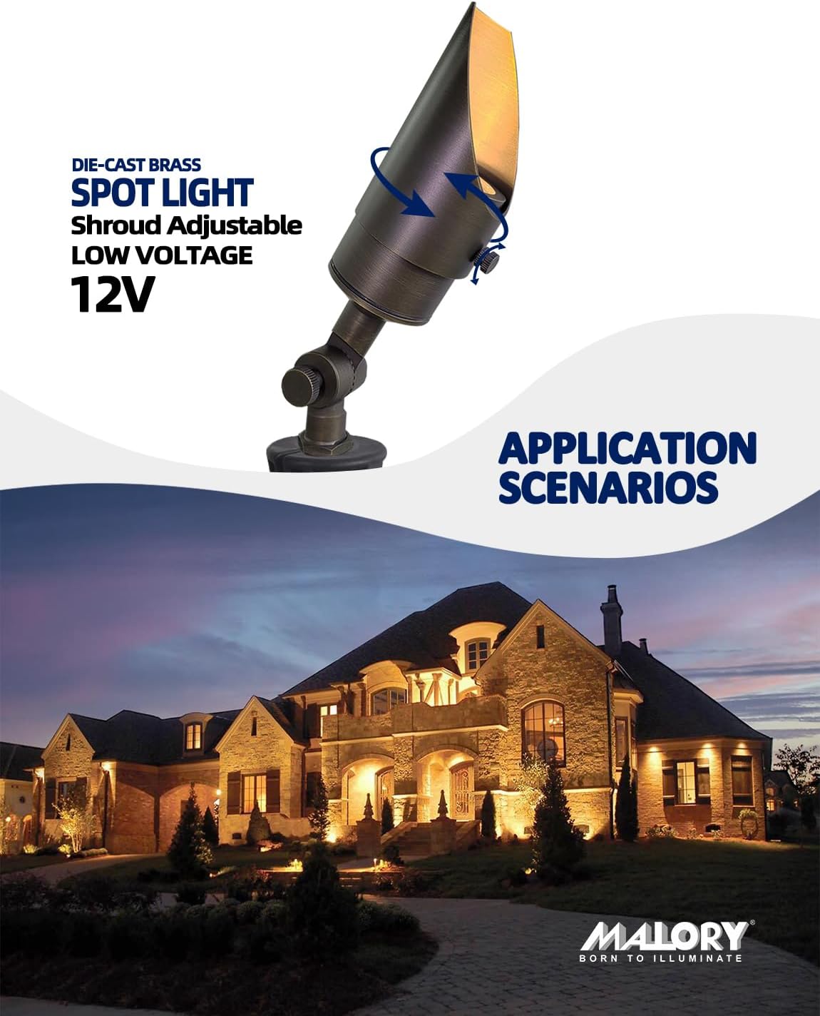 MALORY Brass Landscape Spotlight 12-Pack with MR16 Bulb Kit(S04), Low Voltage 12V AC/DC Shroud Adjustable Outside Yard Lights,PVC Ground Stake and Wire Connector Included, 5W 2700K Warm White