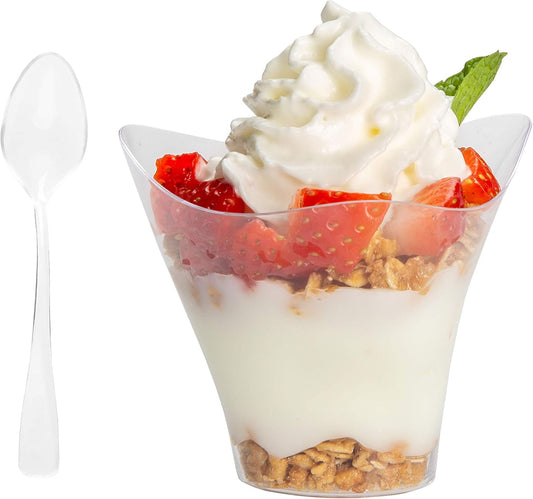 Ilyapa 3.5oz Plastic Dessert Cups - 100 Pack Mini Dessert Cups with Spoons - Clear Reusable Small Appetizer Cup for Cheesecake Shooters, Chocolate Mousse - Party and Catering Supplies - Parfait