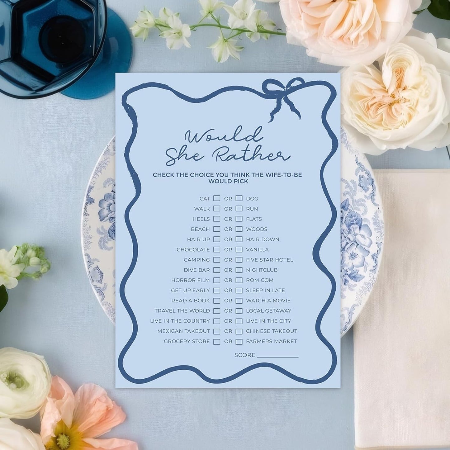 DEEKA 30 PCS Bridal Shower Games Card for 30 Guests Blue Wavy Border Ribbon Bow Funny Wedding Bachelorette Party Games for Reception (Would She Rather)