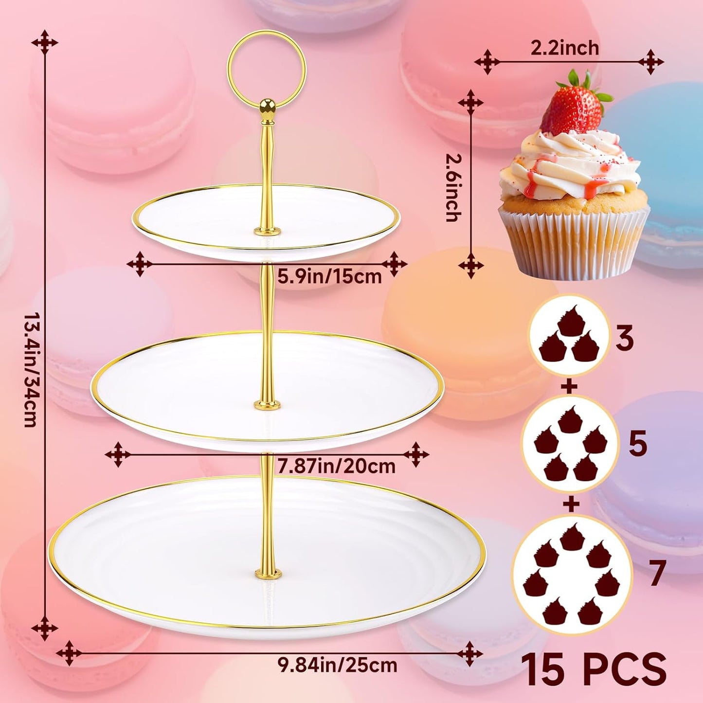 PinCute Cupcake Stand Holder - 3 Tier Cup Cake Dessert Tower, Plastic Tiered Serving Tray&Metal Rod for Birthday Party, Baby Shower and More