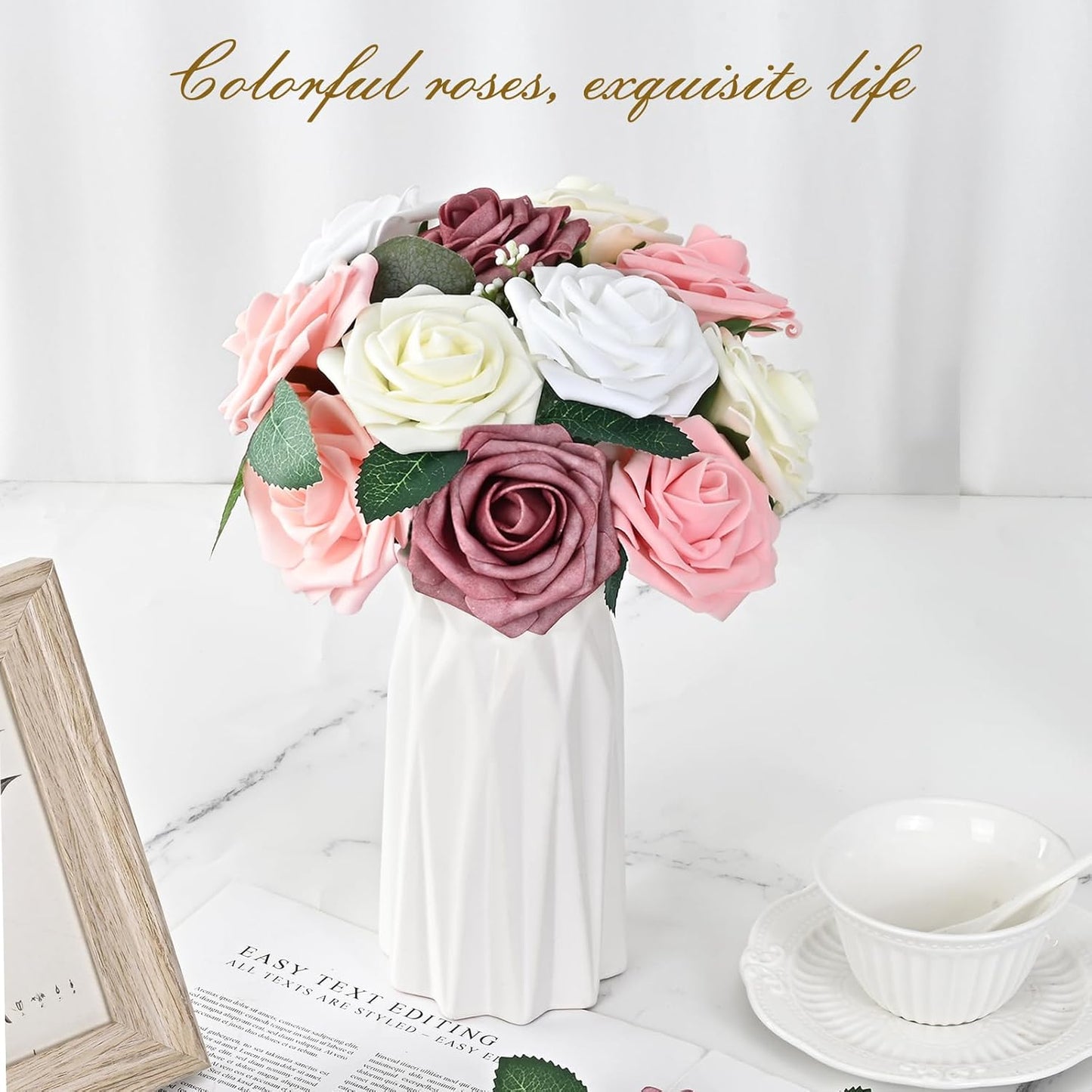 BLEUM CADE 16Pcs Artificial Flowers Fake Roses with Stems, Gradient Dusty Rose Boxed Foam Roses for DIY Bouquets Centerpieces Wedding Party Arrangement Bridal Shower Decor