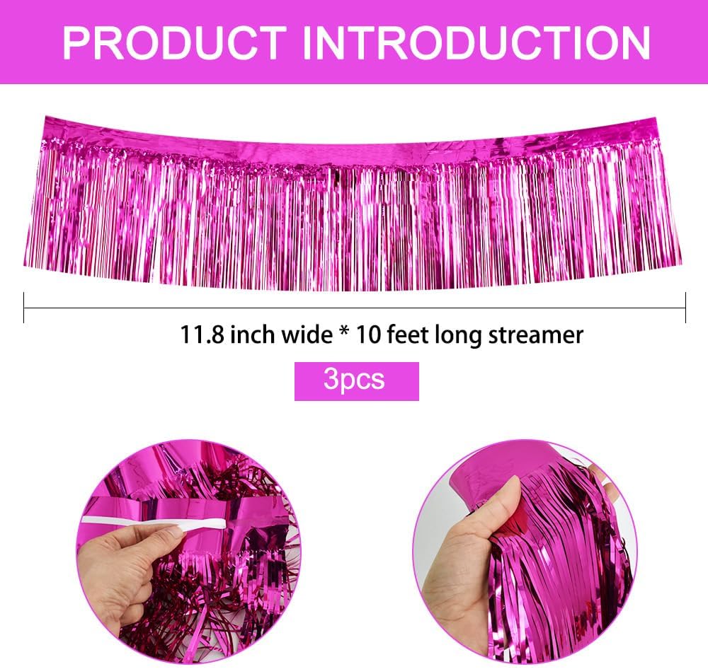 BEISHIDA 3 Packs Metallic Foil Fringe Garland Rose Red Wall Hanging Tinsel Fringe Banners for Car Floats Bridal Shower Wedding Birthday Easter Graduation Holiday Party Decoration(30 Feet)