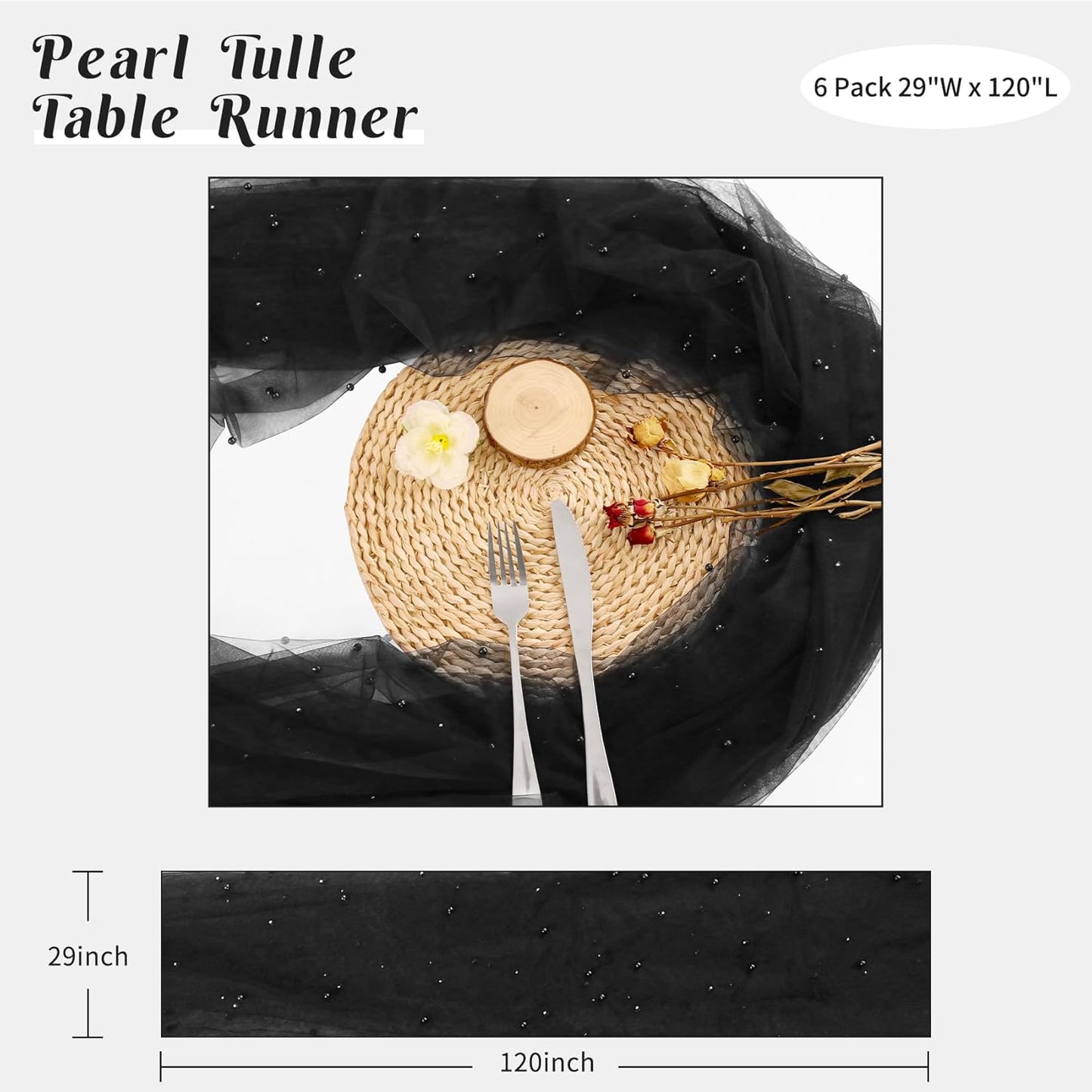 Set of 6 Pearl Table Runner 29 x 120 Inch Tulle Fabric Lace Table Runners Boho Rustic Tablecloth for Bridal Shower Birthday Party Wedding Arch Aisle Veil Dessert Table Decor(Black)