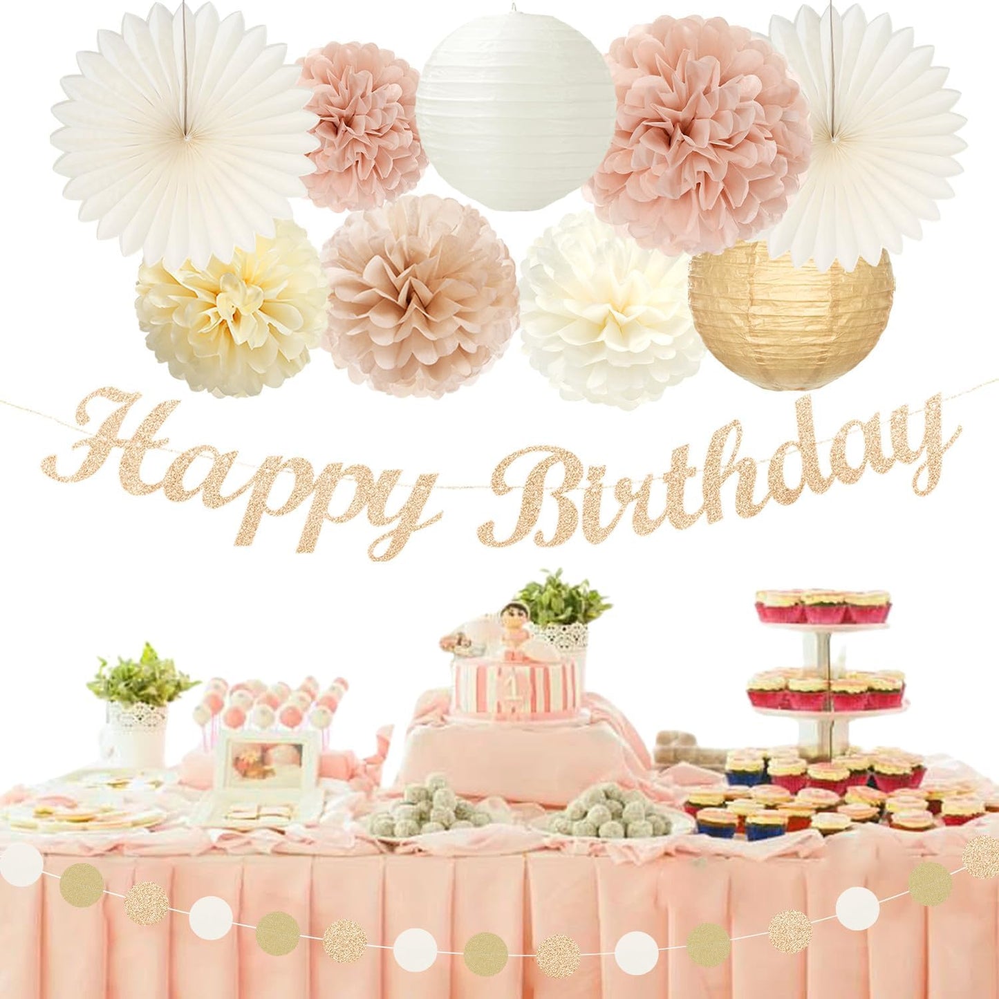 Champagne-Gold Beige 16 Happy Birthday Party-Decorations - 22pcs 21st Women Girls Paper Lanterns Streamers Banner Pom Poms,Fall Boho Aesthetic Bohemian Rose Groovy Decor Backdrop Supplies Hugmoon
