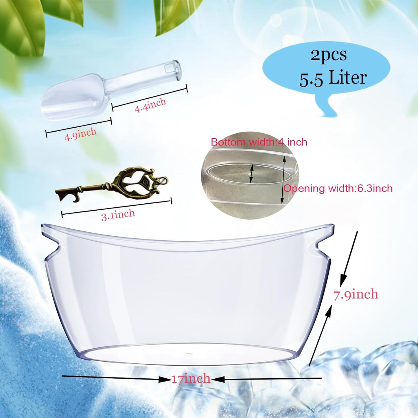 2 PCS Ice Bucket,Acrylic Ice Buckets for Parties,5.5L Extra Large Clear Champagne Beer Tub Mimosa Bar Supplies Kit Wine Beverage Bucket with Corkscrew&Scoop for Wine Cocktail Bar(Clear)