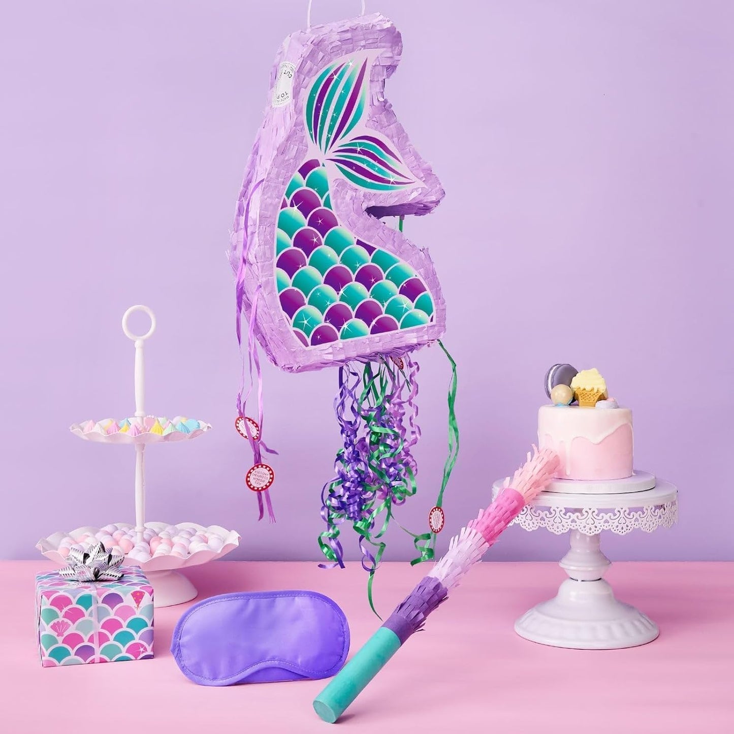 WERNNSAI Foldable Mermaid Piñata - Pull String Mermaid Birthday Party Supplies Mermaid with Blindfold Bat and Tassels Mermaid Party Decoration Games Folding Purple Mermaid Piñatas for Classroom Game