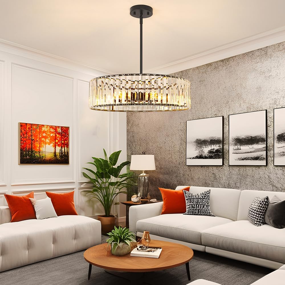 Modern Crystal Chandelier, 6-light Dinning Room Light Fixture, Round Pendant Light Kitchen Island, Black Hallway Light Fixture, Semi Flush Mount Ceiling for Living Room Entryway Bedroom Foyer, E26
