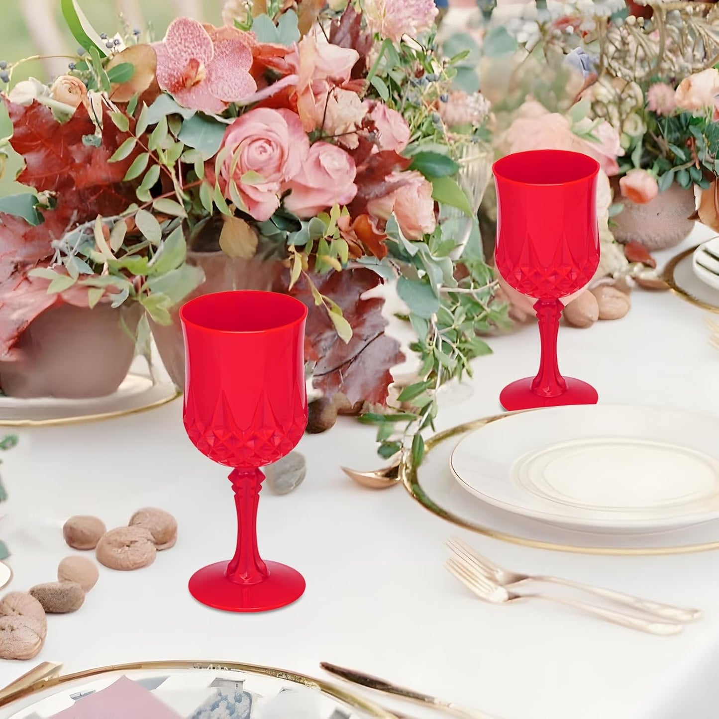 JLYLOL Plastic Vintage Wine Glasses 7OZ Plastic Goblets Vintage Drinking Glasses 12PCS Retro Wedding Glassware Water Goblets Reusable Drinking Cups for Party,Reception,Celebration,Bar,Whiskey(Red)