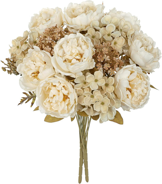 Hollyone 2Pcs Artificial Fall Flowers Bouquet 18.8" White Dried Peony Hydrangea Fake Fall Floral Silk Flowers Autumn Faux Flower Arrangement for Home Wedding Table Centerpiece Thanksgiving Party Decor