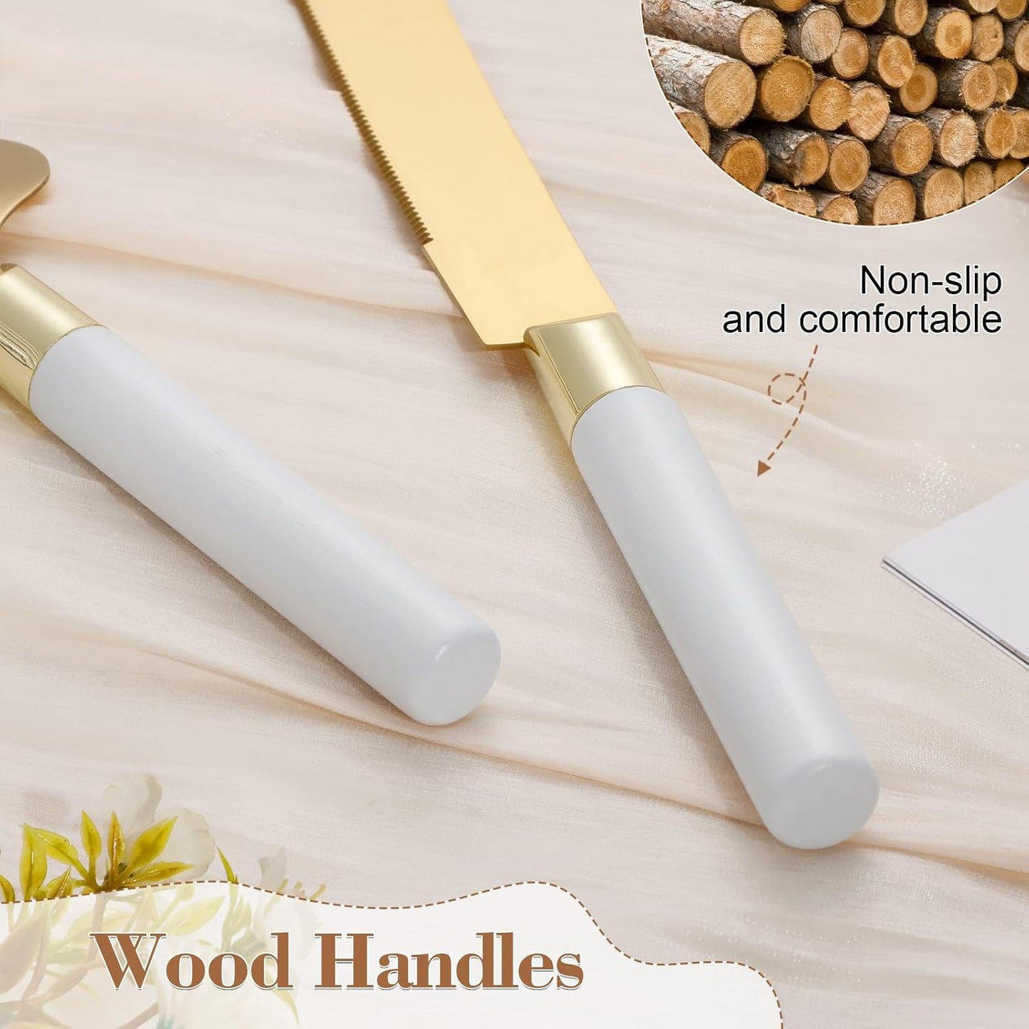 Gold Cake Cutting Set for Wedding, Wood Cake Knife & Server Set, Vintage 2-Piece Pie Cutter Serving Set, Serrated Pizza Utensils, Anniversary Birthday Bridal Gift (White)