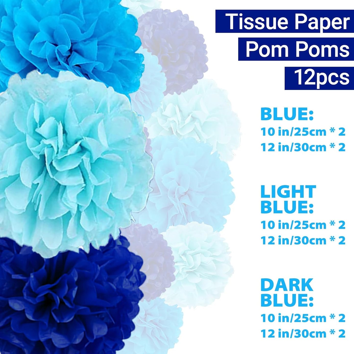 Capesaro Blue Paper Pom Poms - 10",12" Tissue Pom Poms Decorations for Baby Shower Boy Party Hanging Decor - 12 Piece Set